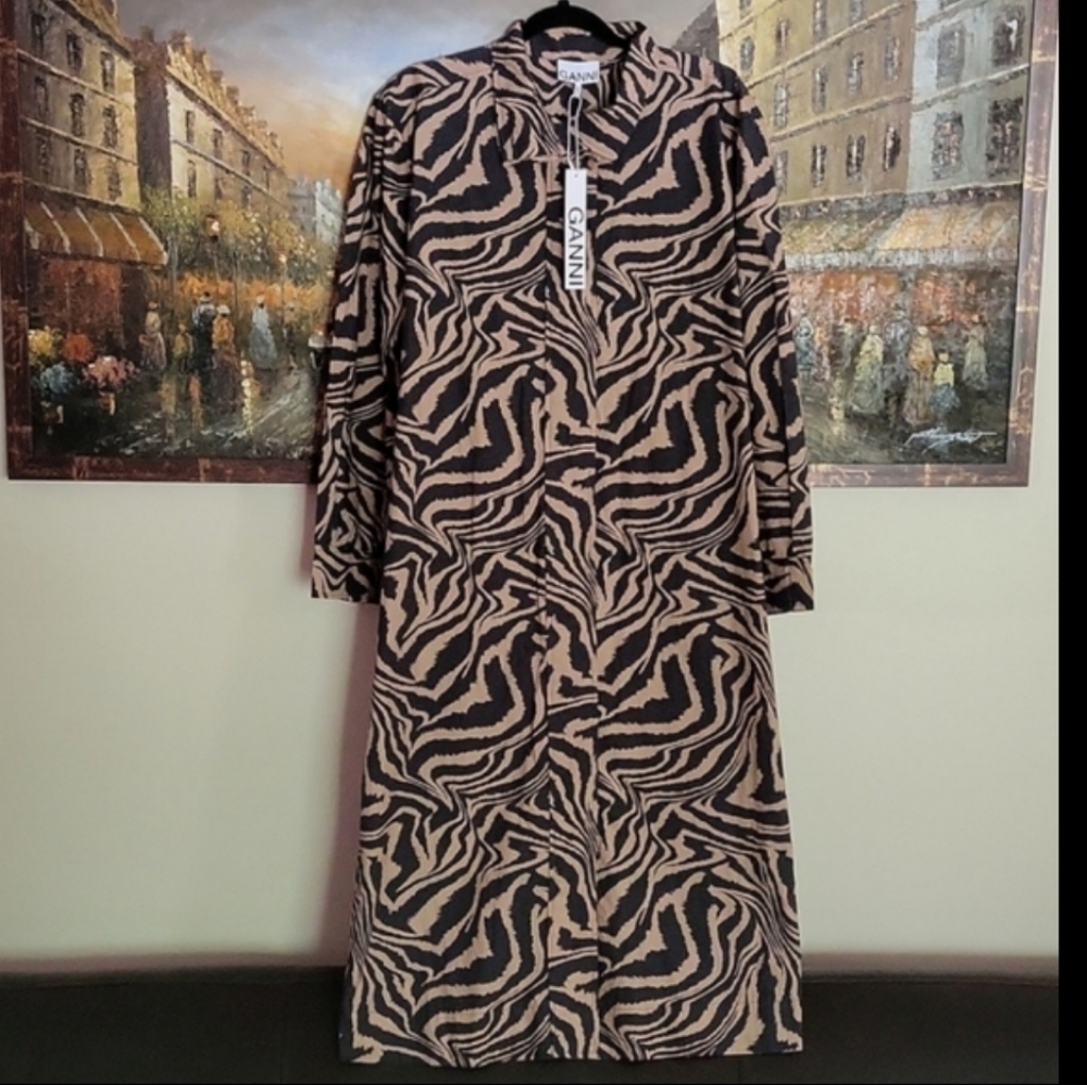 Ganni Black and Tan Long Sleeve Zebra Print Dress